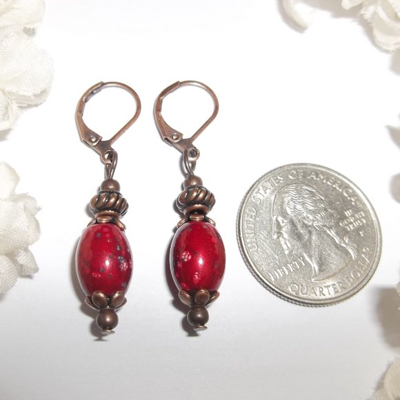 Small Red and Copper Dangle Earring Boho Style Unique Funky Dangly Set Pair 6931 - Picture 2 of 8